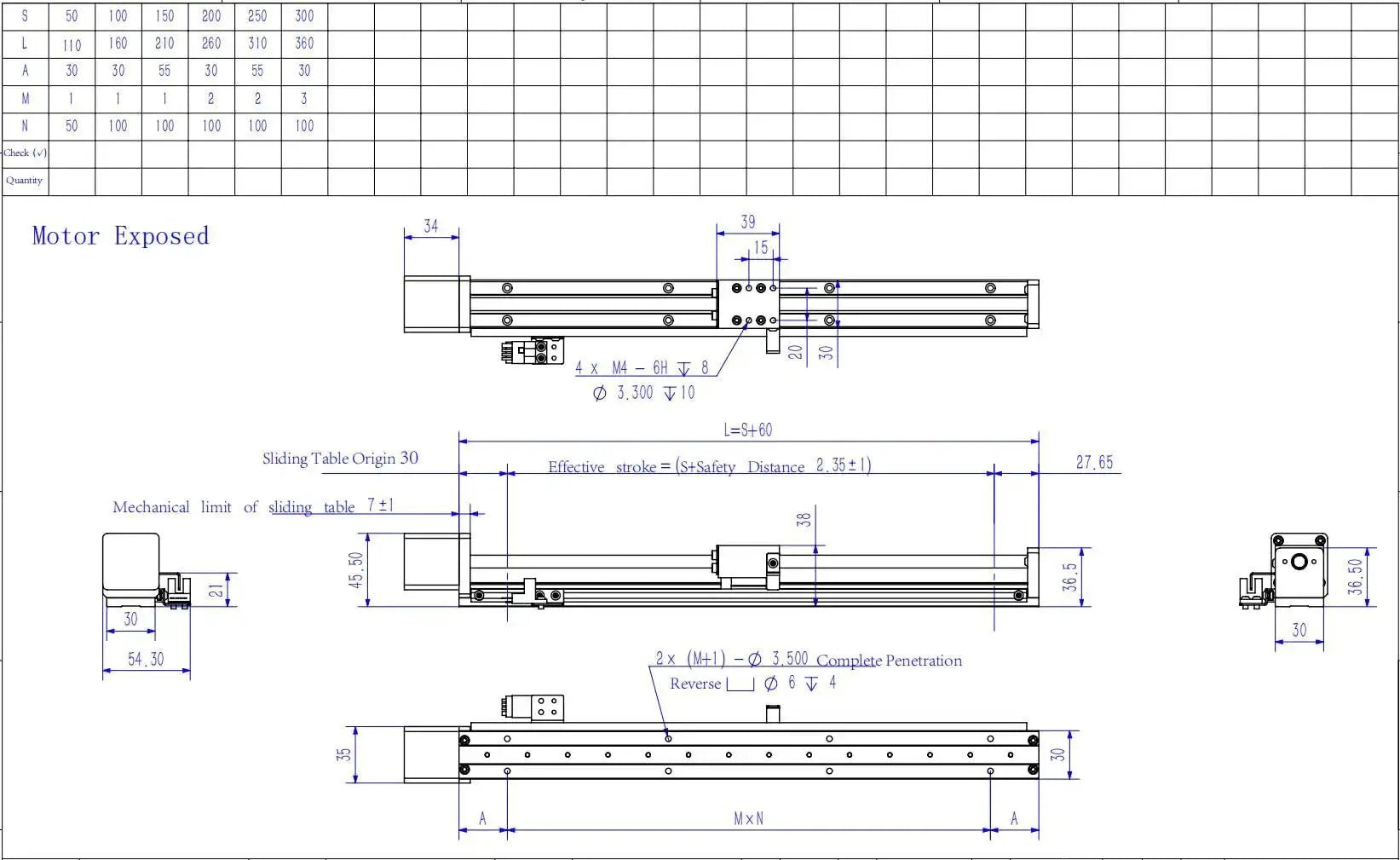 Technical blueprint of Compact Linear Stage Actuator 150mm Travel CNC Slide Guide with Stainless Steel Construction Motorized Nema 14 Stepper