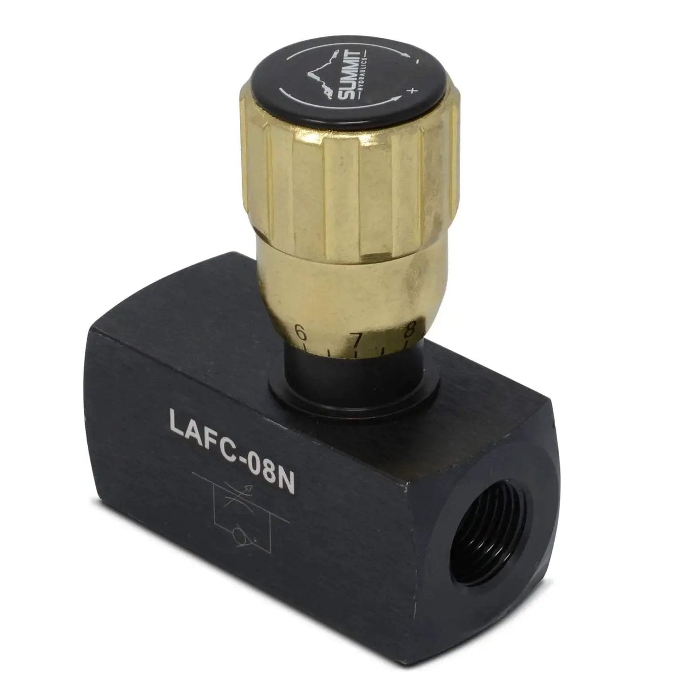 Hydraulic In-Line Adjustable Variable Flow Control Valve With Free Rev Flow, 1/2 in NPT, 5000 PSI Max, close-up view