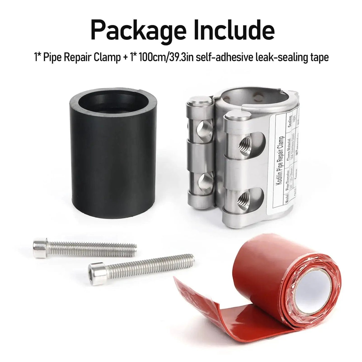 Package includes upgraded pipe repair clamp with M1 self adhesive leak sealing tape delivers airtight instant bond for plastic and metal pipes