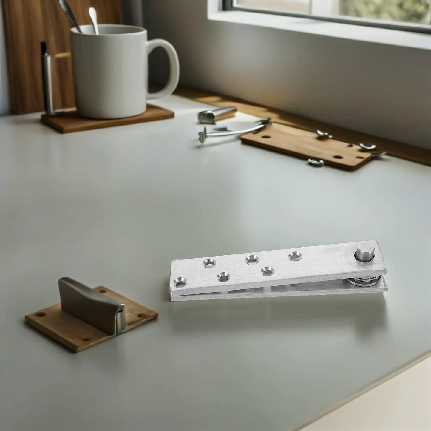 Heavy Duty Hidden Door Pivot Hinge With 360 Degree Rotation For Secret Doors Cabinets And Bookshelves Stainless Steel Stealth Concealed Invisible Hinges By NAMOARLY For Smooth Quiet Operation And Long Lasting Durability on tabletop