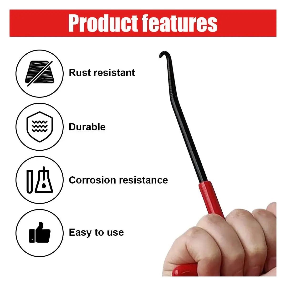 Motorcycle Exhaust Spring Hook T Handle Rubber Coated Puller Tool with red rubber handle and metal hook in hand, features listed