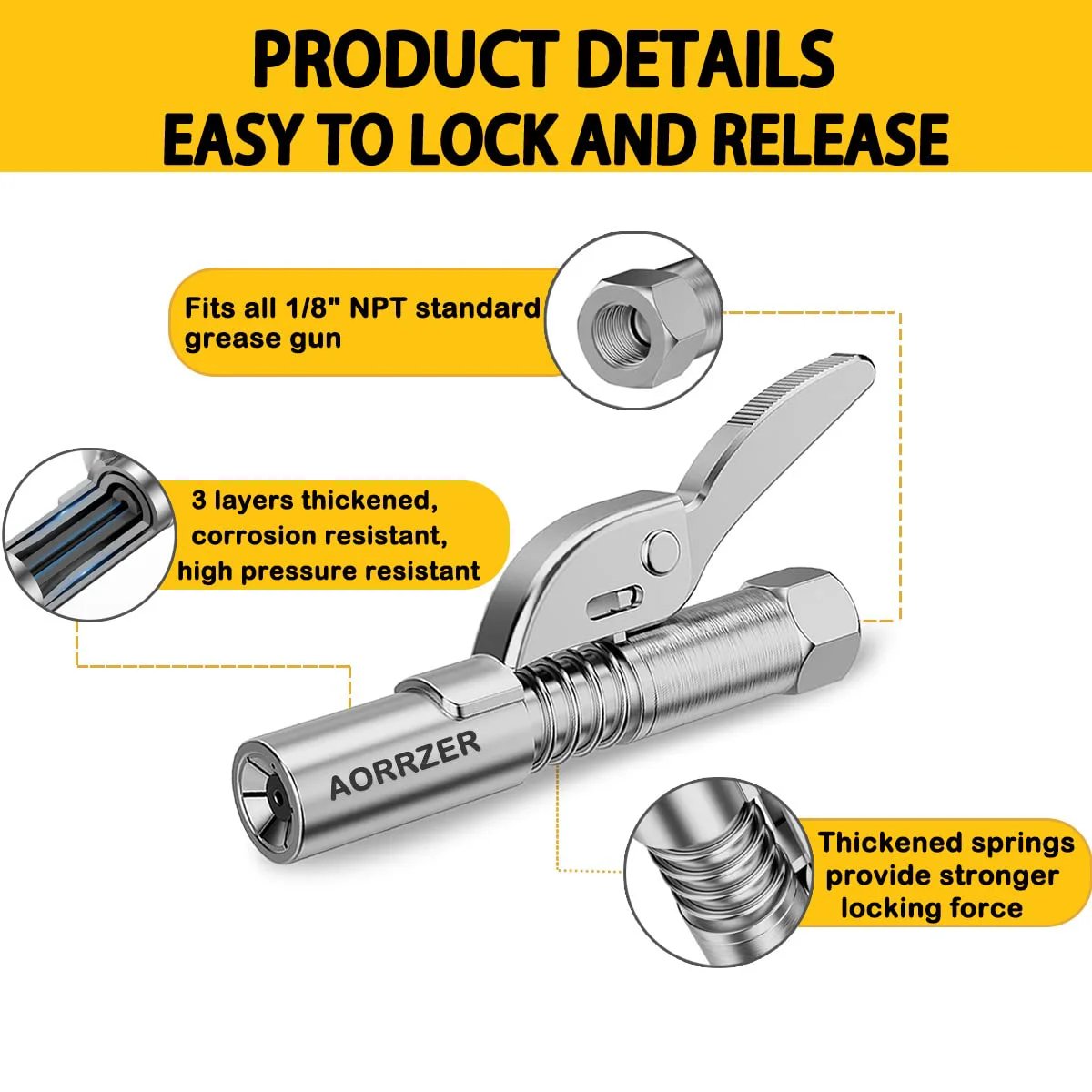 Upgrade 2 Pack Lock On Grease Gun Couplers for Twelve Thousand PSI High Pressure Quick Release with Six Jaw Design