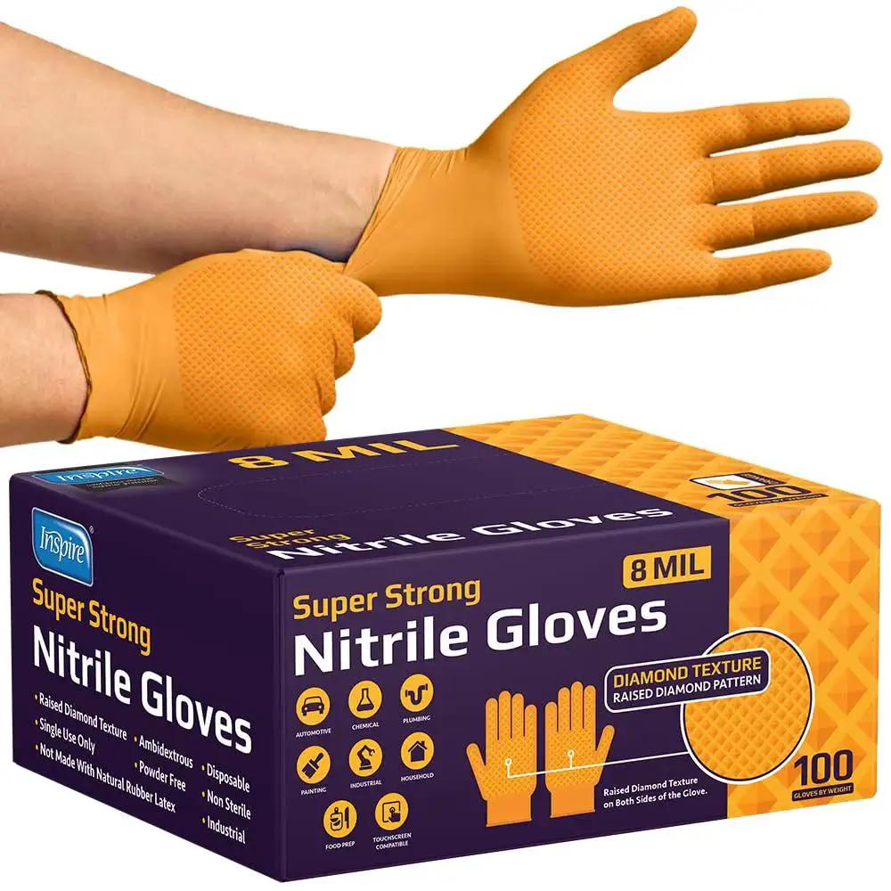 8 Mil Orange Nitrile Gloves With Diamond Textured Grip For Industrial And Food; shown in box with gloves on hands