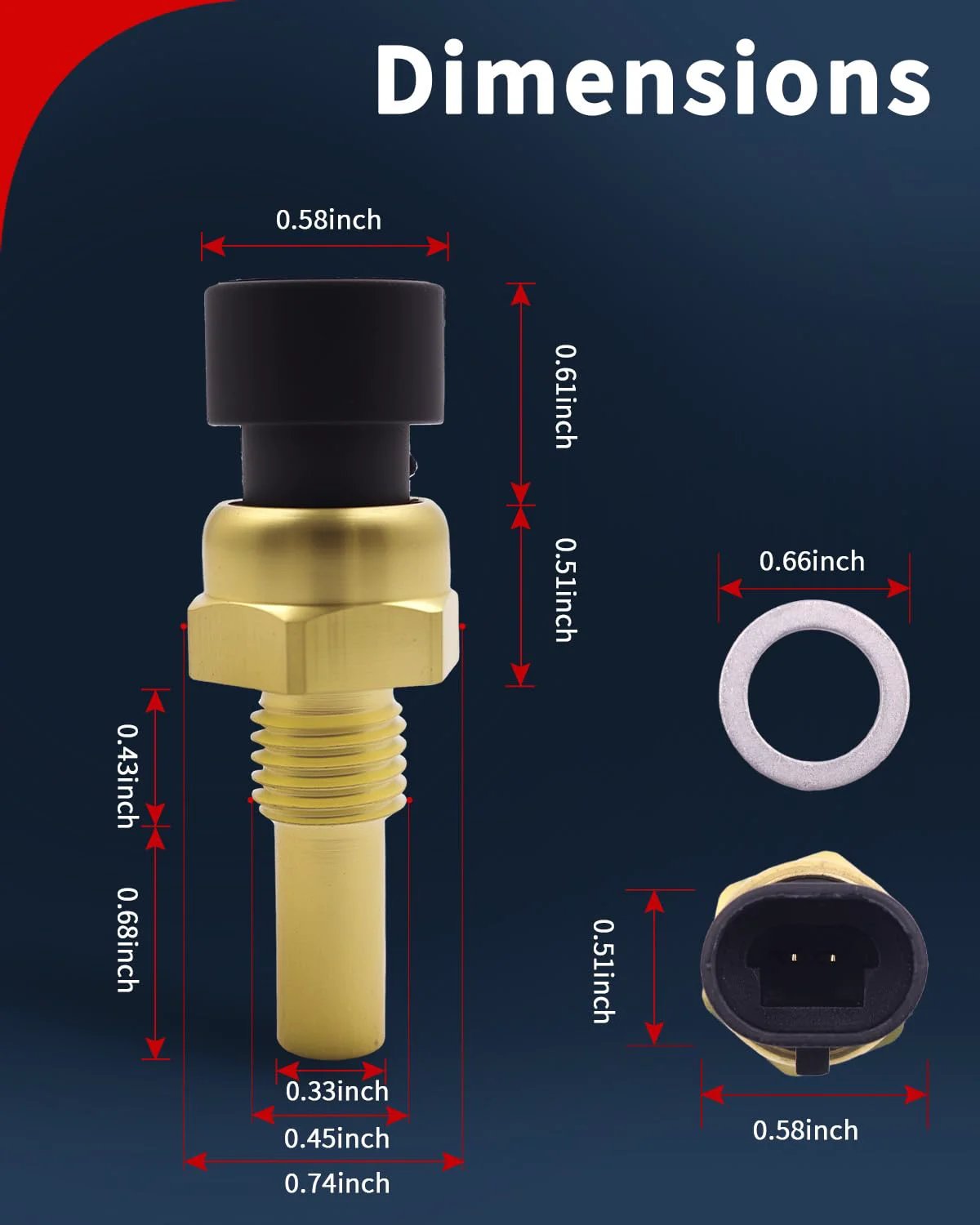 Engine Coolant Temperature Sensor For GM Cars Including Chevrolet Silverado Suburban Equinox Tahoe Malibu Camaro Corvette GMC Sierra Yukon Terrain With Connector Drop In Replacement For Accurate Readings And Reliable Engine Performance, showing dimensions.
