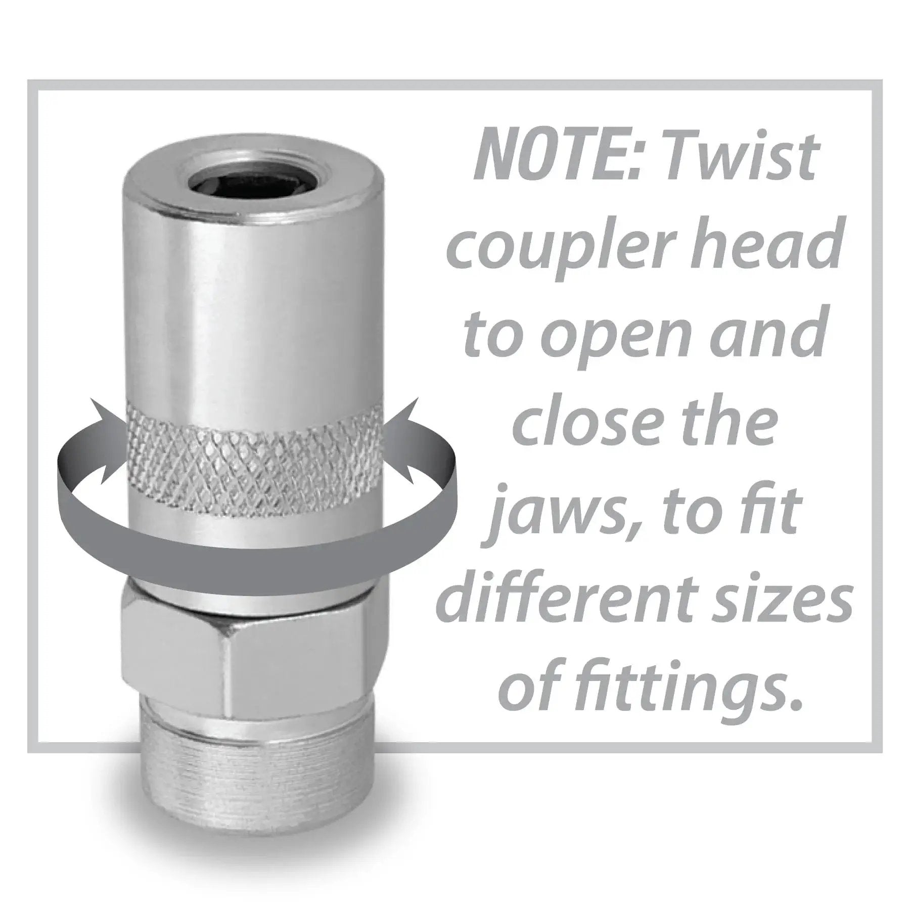 Easy Fit One Eighth Inch Grease Gun Seal Off Adapter With Rubber Tip, shown with instructions on adjustable coupler for fittings.