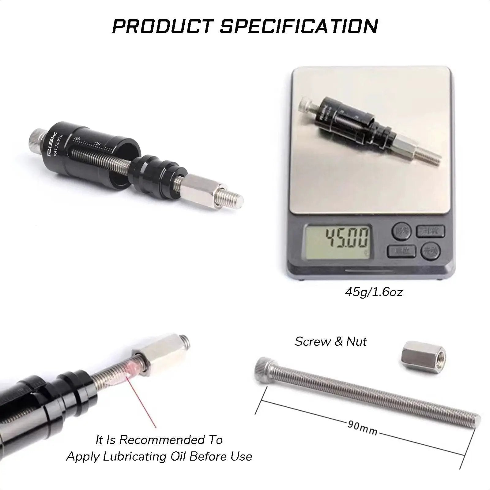 Rear Shock Eyelet Bushing Removal And Installation Tool for RockShox and Fox with scale weight and screw details