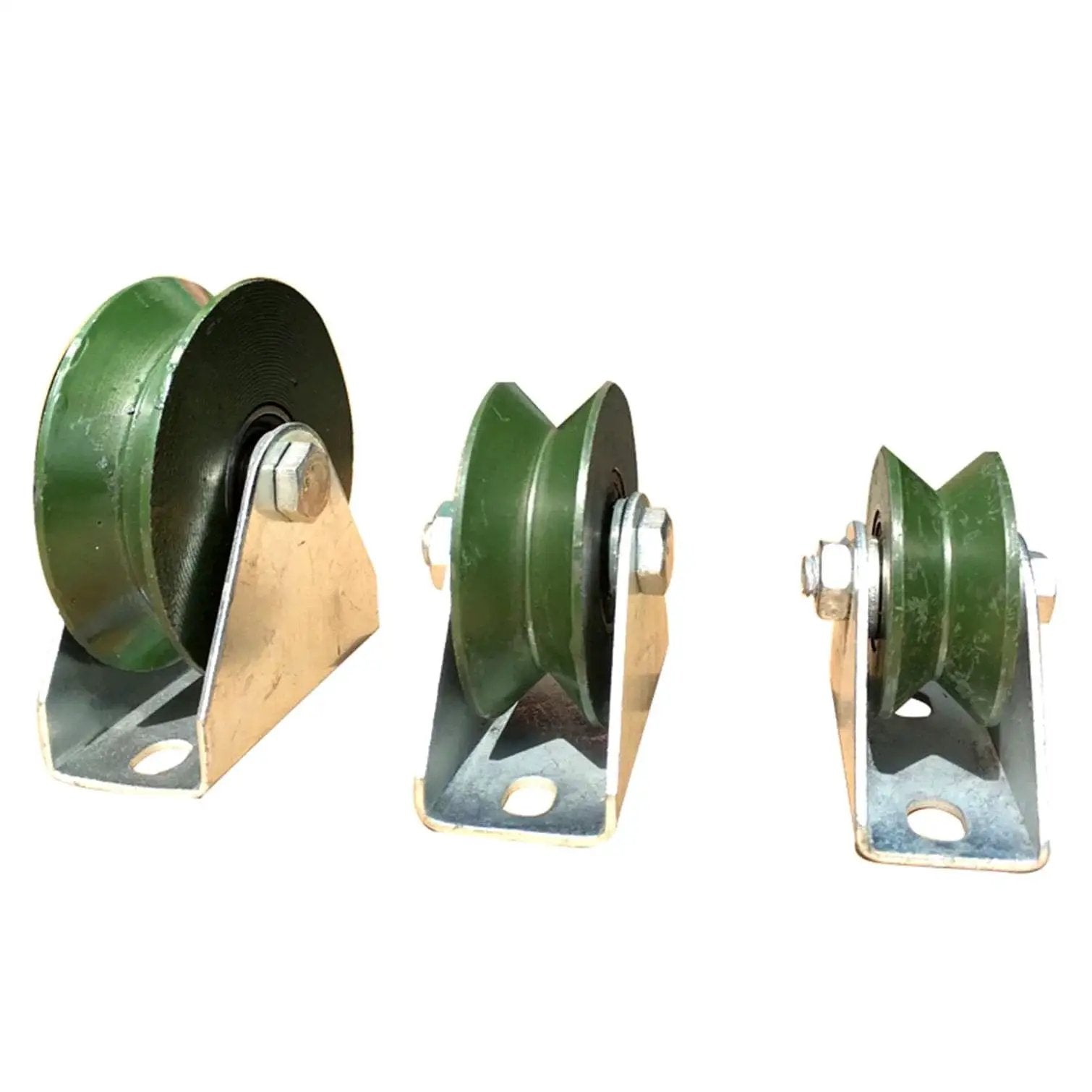 Set of V Groove Pulley Wheels For Sliding Gates And Wire Rope Rail, heavy duty rigid casters with silent bearings, green cast iron.