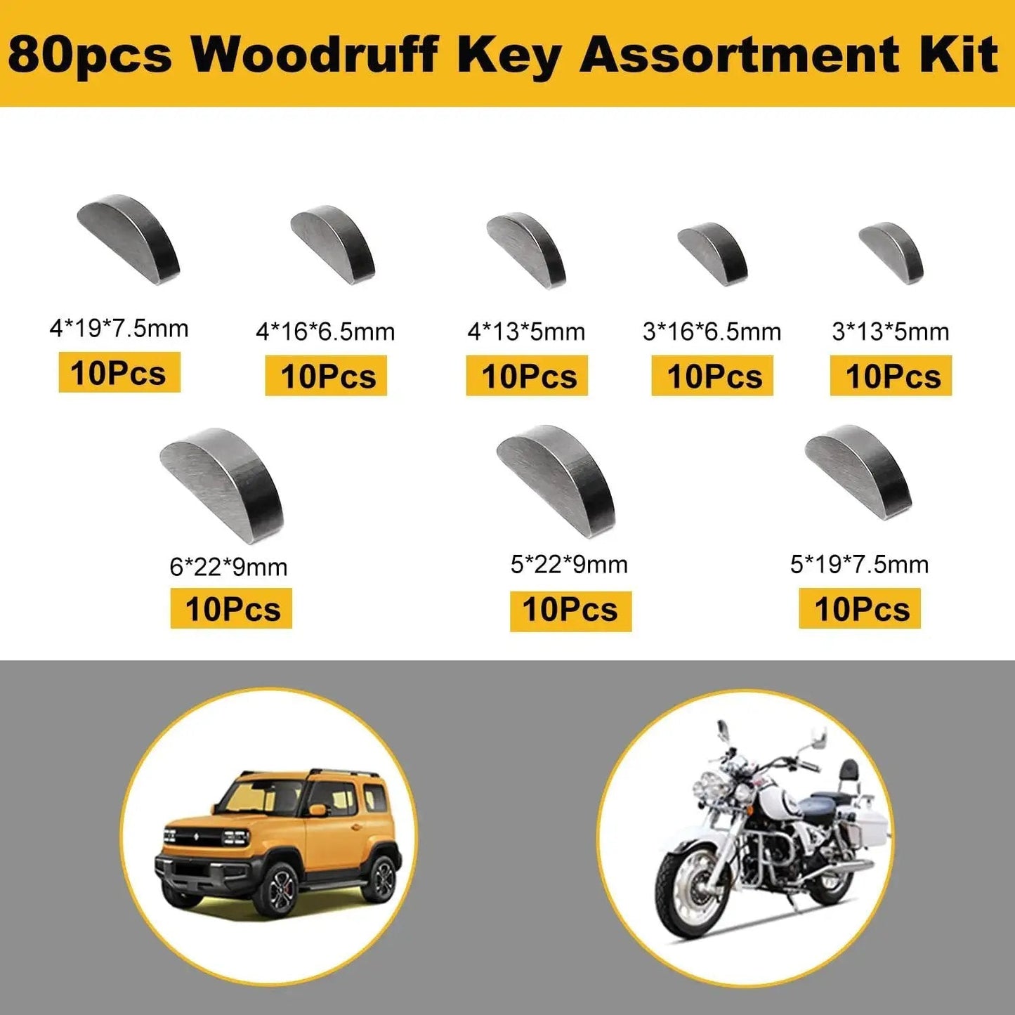80 Pcs Woodruff Key Assortment Kit Metric Carbon Steel Black Half Moon Keys in various sizes for machinery, with car and motorcycle images.