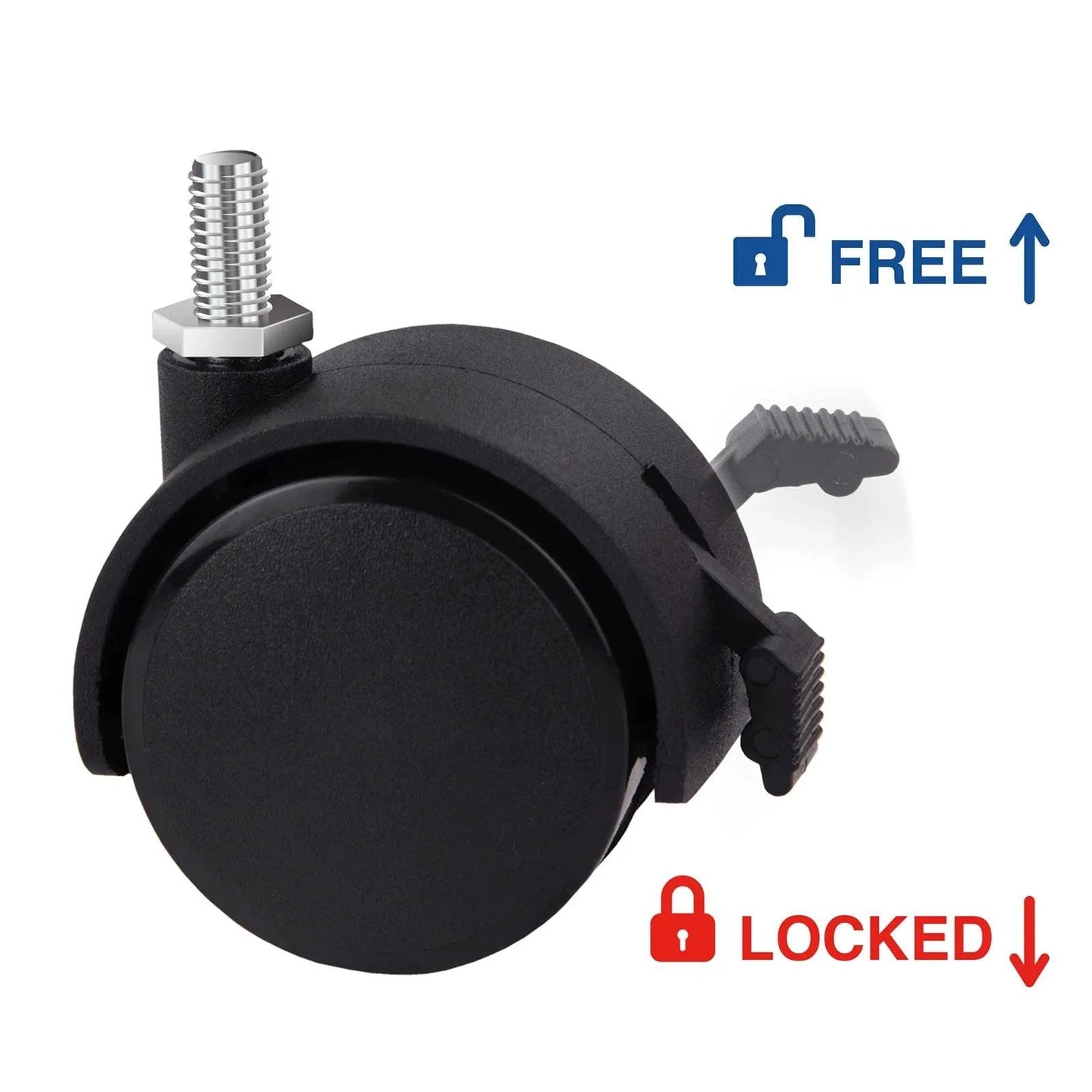 Threaded Caster Set Of 4 M8 X 1.25 Swivel Stem Office Chair Wheels With Locking Brake Regular Size 2 Inch Diameter 50mm