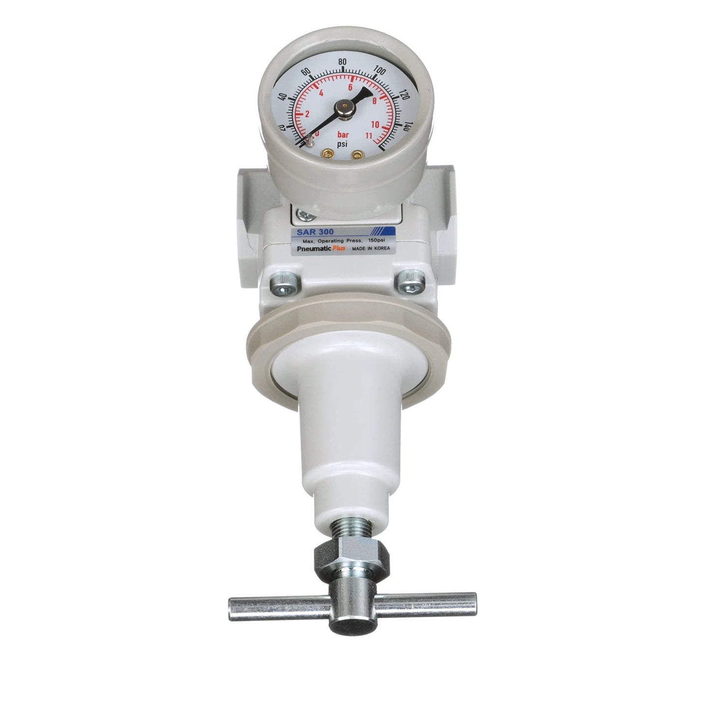 Heavy Duty Air Pressure Regulator With T Handle And Gauge For 3/8 Inch NPT, 0 To 150 PSI Regulation, front view
