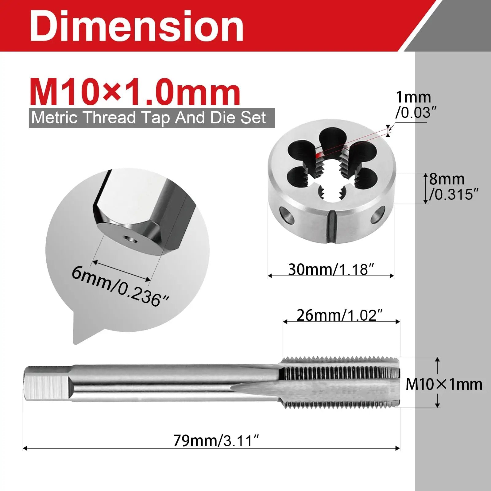 Dimensions of M10 X 1 0 Fine Pitch Tap And Die Set For Metalworking And Maintenance In Your Shop High Speed Steel Right Hand Threading Tools