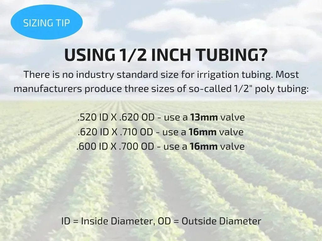 Sizing tip for using 1/2 inch tubing, listing inside and outside diameters and recommended valve sizes in irrigation context.