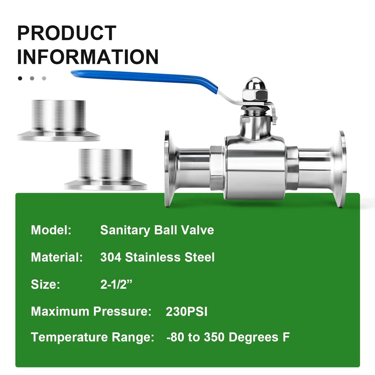2.5 Inch Tube OD Sanitary Ball Valve Kit 304 Stainless Steel Tri Clamp 77.5mm Ferrule Flange for Industry Pipe Connections
