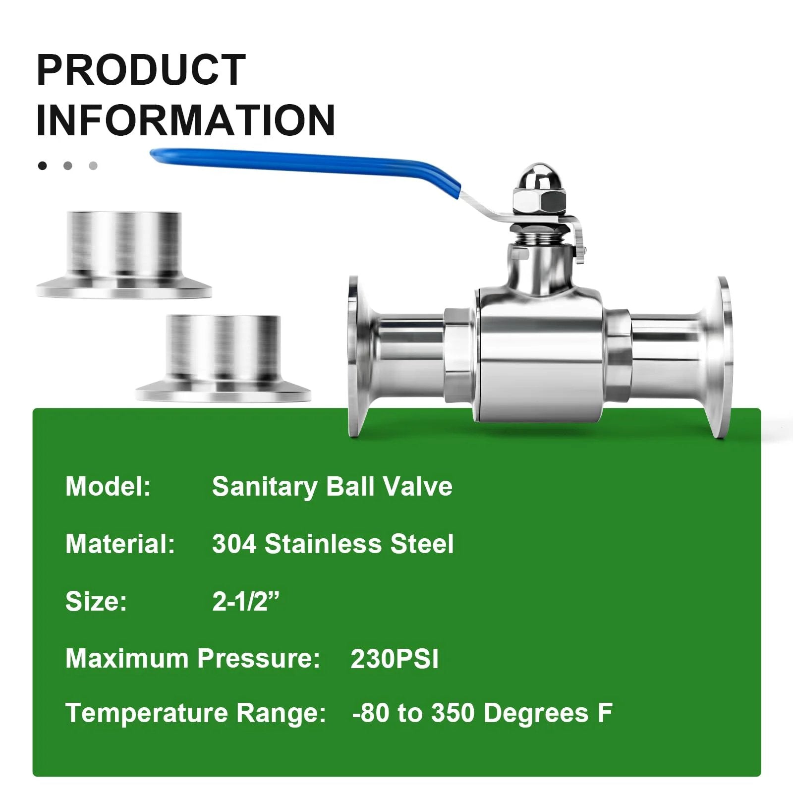 2.5 Inch Tube OD Sanitary Ball Valve Kit 304 Stainless Steel Tri Clamp 77.5mm Ferrule Flange for Industry Pipe Connections