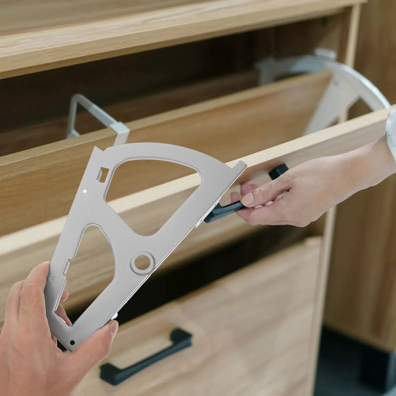 Person installing heavy duty stainless steel shoe cabinet hinge on drawer, 2-pack easy install replacement fittings for DIY furniture projects