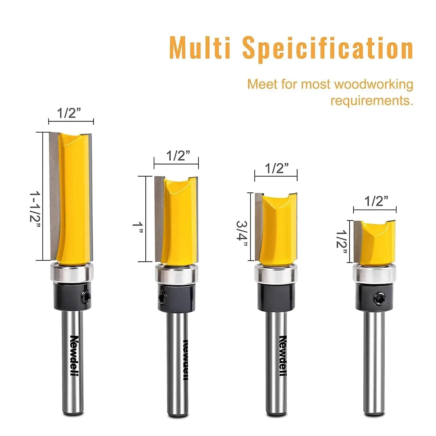 Pattern Flush Trim Router Bit Set With Bearing Guide for tearout prevention, showing four bits of 1/2" diameter, 3/8", 3/4", 1-1/2" lengths.