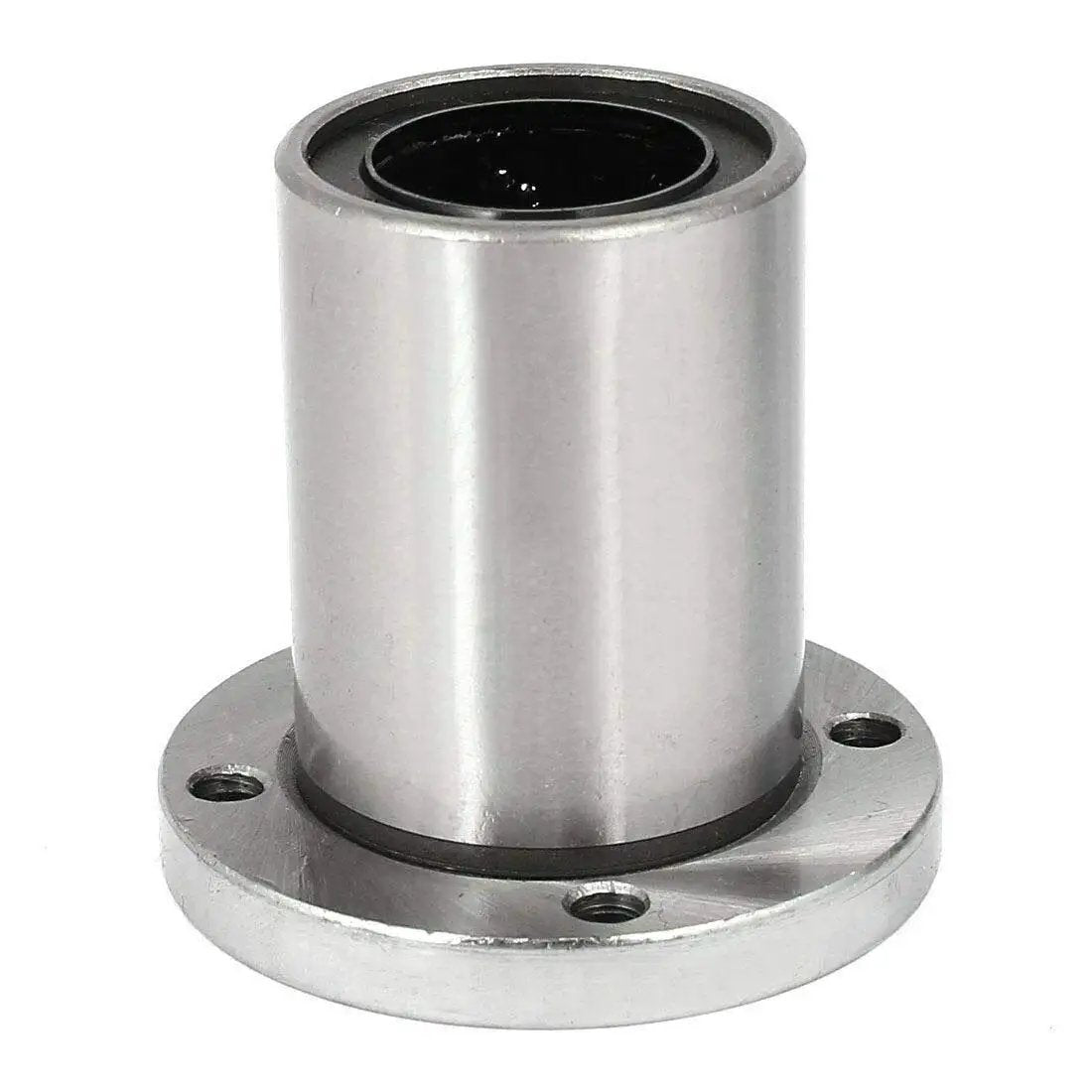Front view of Flange Bearing Linear Ball Bearing LMF6UU Shaft Bushing for CNC Machines and 3D Printers, metal finish, sealed both sides.