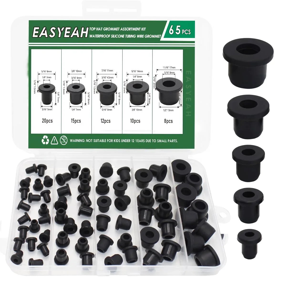 65 Pack Top Hat Rubber Grommets Assortment Kit For Wiring And Tubing Waterproof Silicone Grommets in Organizer Case
