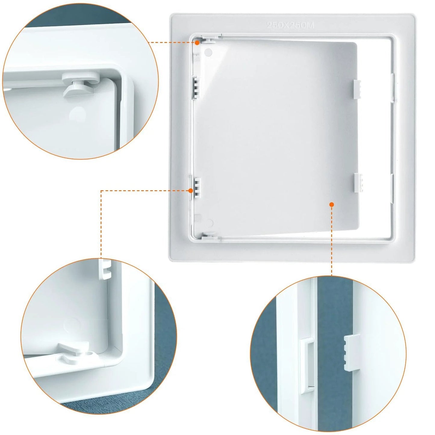 10x10 Inch Plastic Access Panel For Drywall Removable Wall Door For Plumbing And HVAC By QWORK with corner lock details.