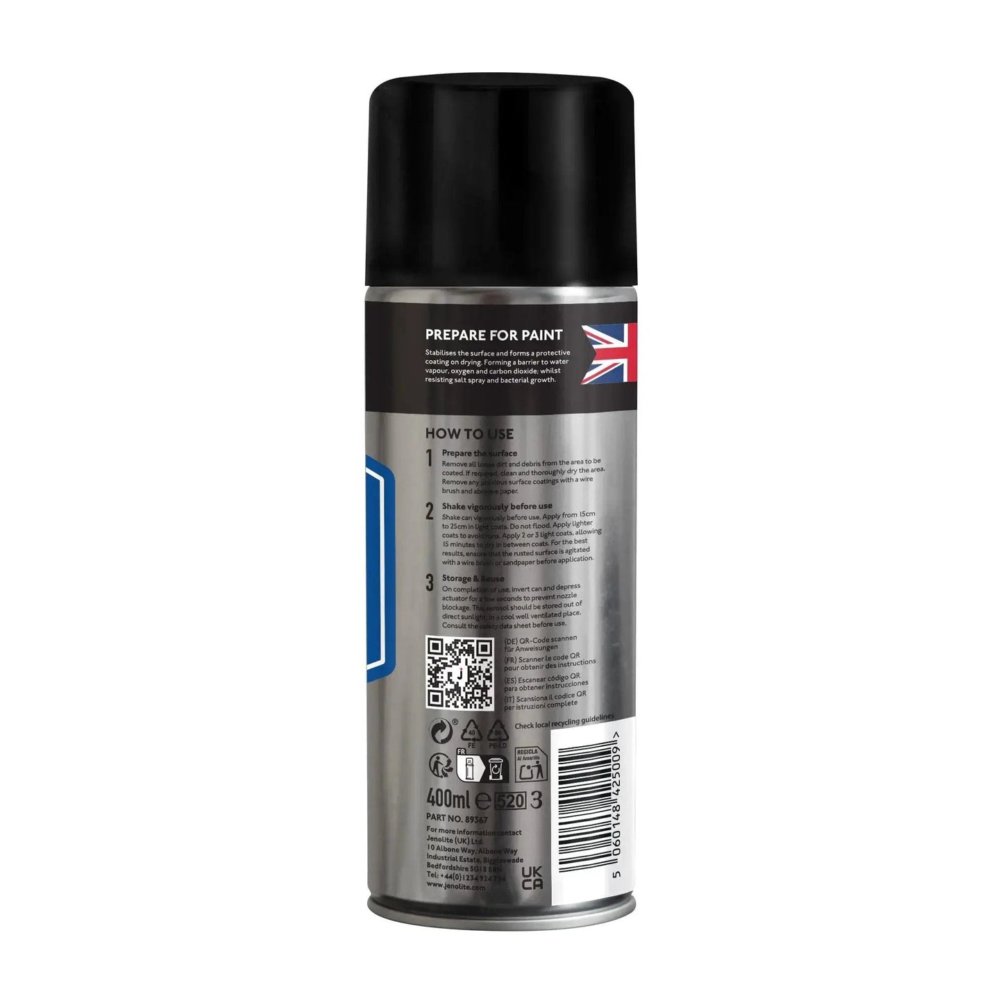 Back view of 400 ml Fast Acting Rust Converter Spray For Metal Epoxy Rust Converter Primer And Inhibitor In One Jenolite spray can