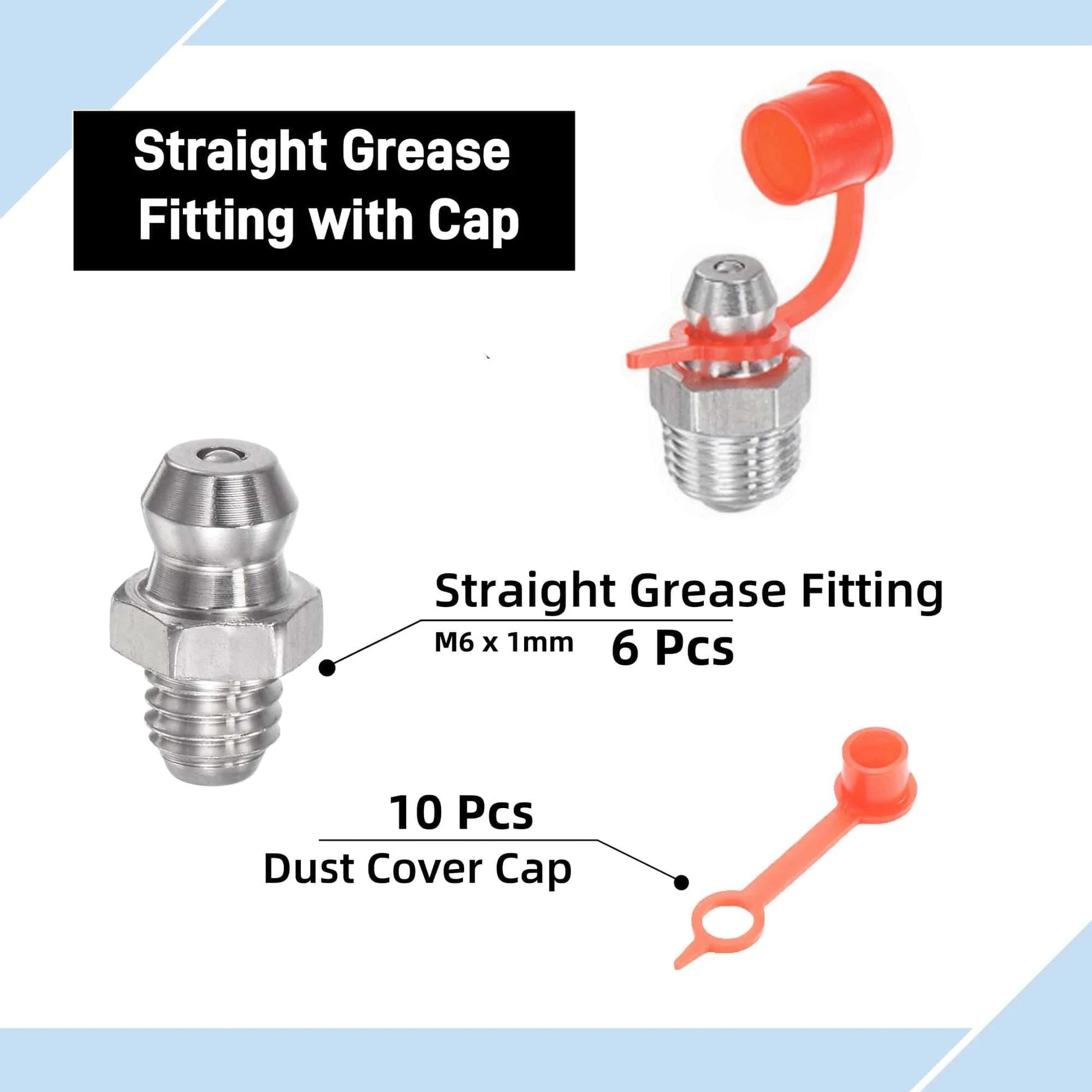 Six Pack 304 Stainless Steel Straight Grease Fittings M6 X 1mm Thread With Ten Dust Cover Caps for Hydraulic Systems