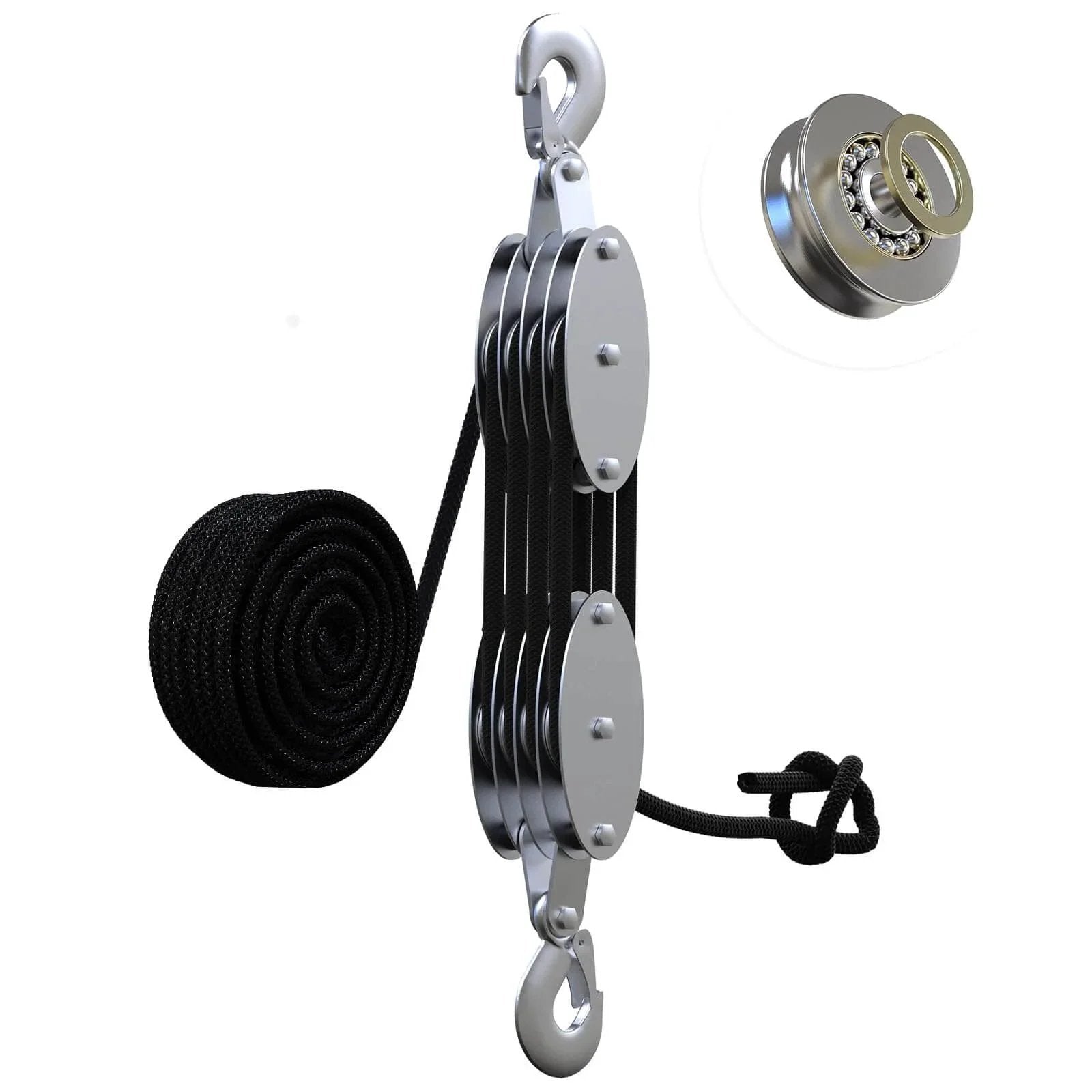 Heavy Duty Rope Hoist With Pulley Block And Tackle 4400Lb Capacity 65ft 8 To 1 Lifting for garage warehouse, metal bearings visible