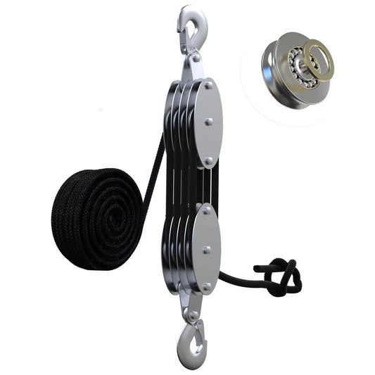 Heavy Duty Rope Hoist With Pulley Block And Tackle 4400Lb Capacity 65ft 8 To 1 Lifting for garage warehouse, metal bearings visible