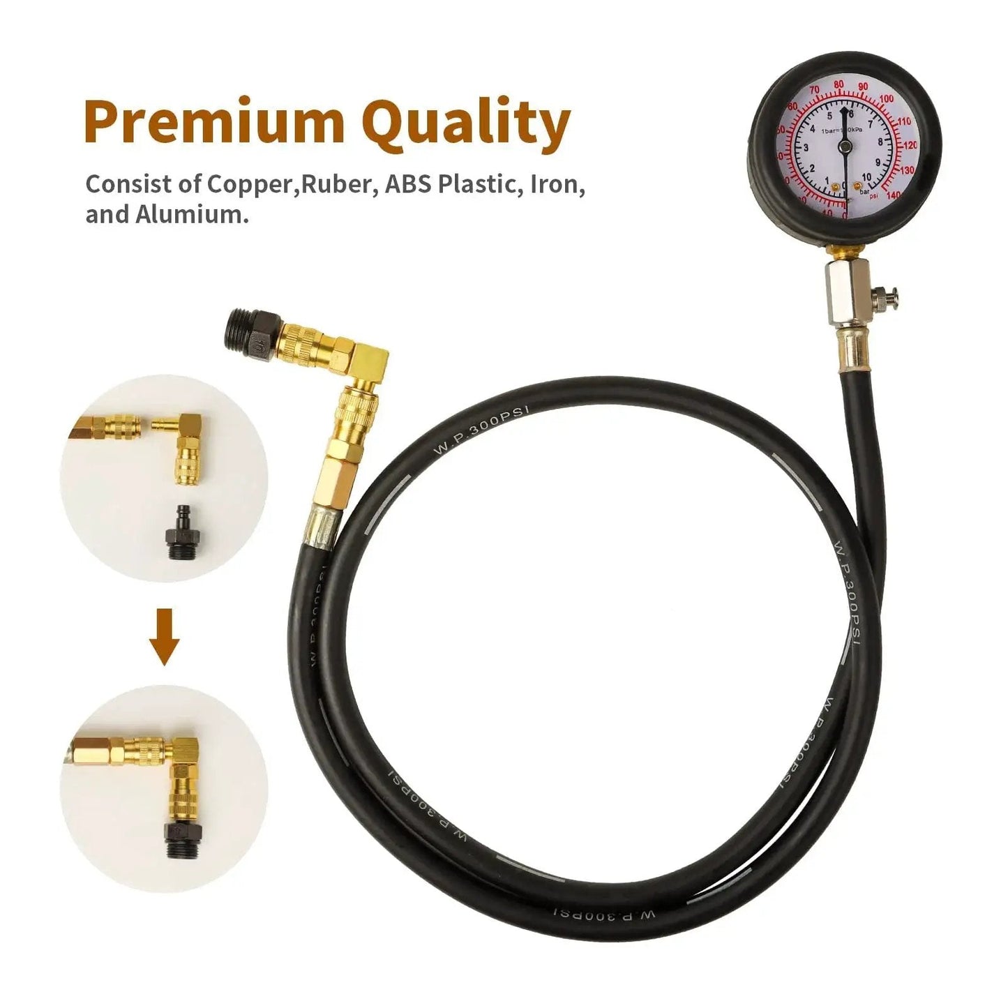 Oil Pressure Tester Kit With Dual Gauge 0 To 140 PSI 10 Adapters showing gauge, hose, brass fittings and materials details