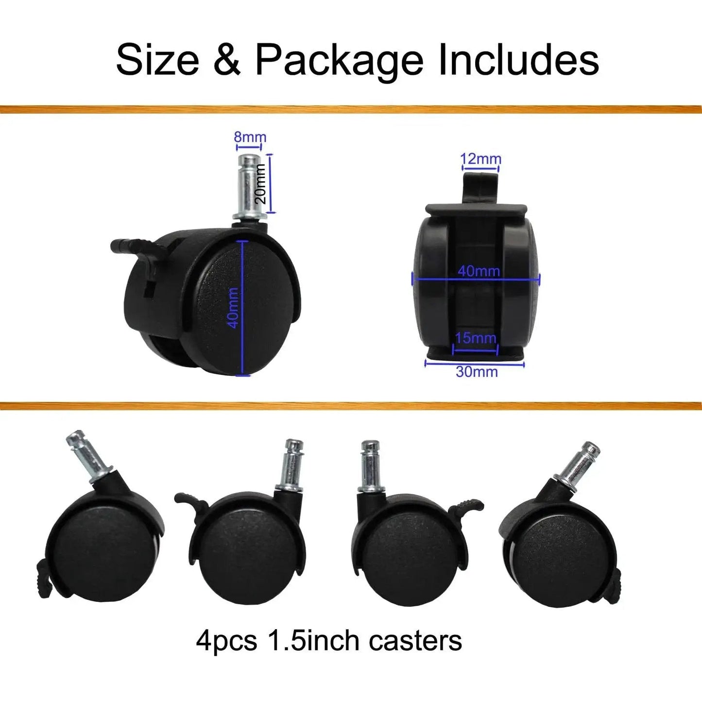 4 Pack 1.5 Inch Swivel Caster Wheels With Circlip Stem M8x20mm And Lockable Brakes, side and front view dimensions shown