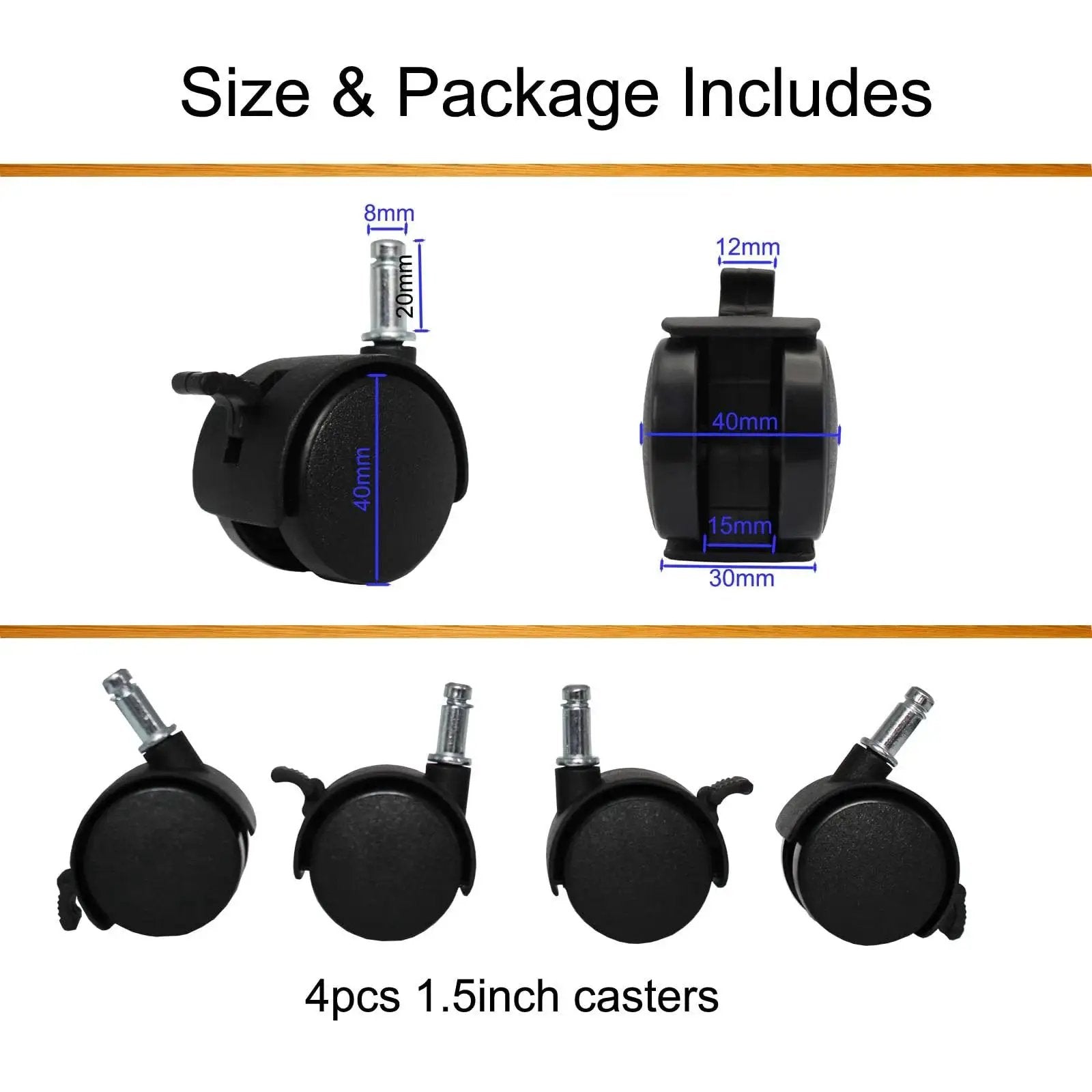 4 Pack 1.5 Inch Swivel Caster Wheels With Circlip Stem M8x20mm And Lockable Brakes, side and front view dimensions shown
