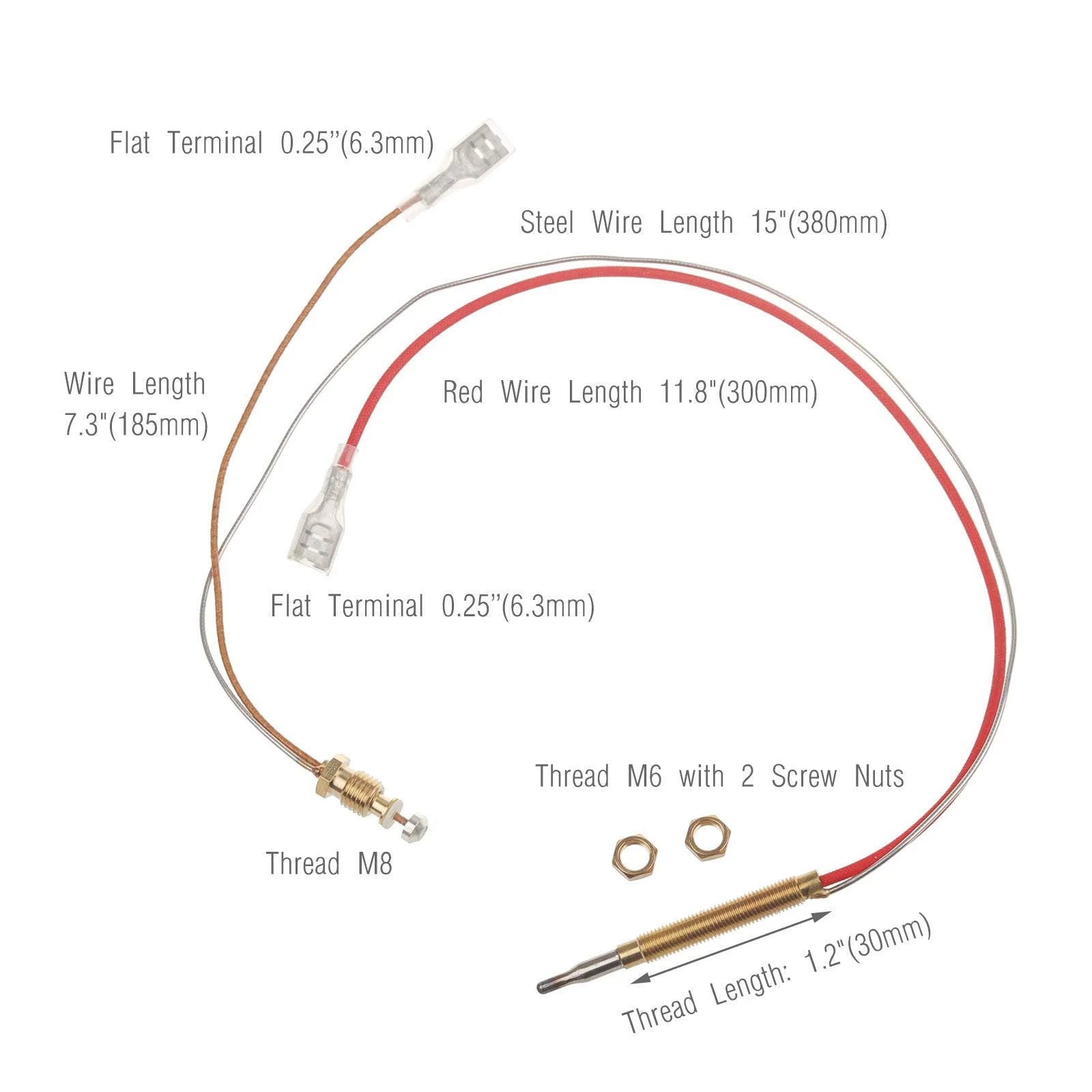 Outdoor Patio Heater Thermocouple Sensor With Tilt Switch Includes M8 X 1 End Connection Nuts And M6 X 0.75 Thermocouple Head Threads 16.2 Inch Wire 0.25 Inch Flat Terminal Universal Fit For Gas Grills Fire Pits And Heaters Timsec showing components and dimensions