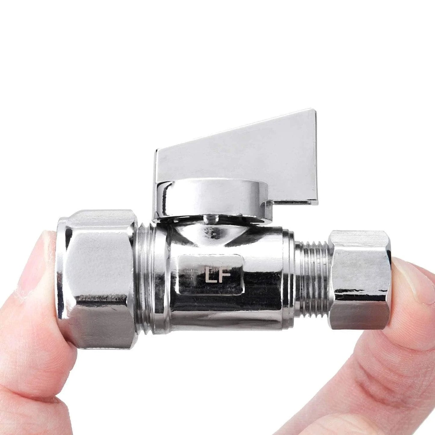 2 Pack Chrome Brass Compression Straight Angle Stop Valves One Half Inch Nominal Inlet Five Eighth Inch OD Compression To Three Eighth Inch OD Compression Quarter Turn Water Shut Off Lead Free, close-up view of a chrome brass valve in hand