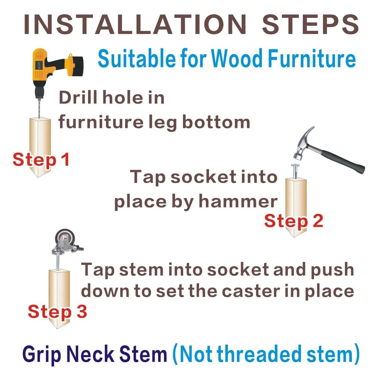Installation guide for 2 Inch Non Marring Rubber Caster Wheels 4 Pack with brakes, showing drill, socket, and grip neck stem.