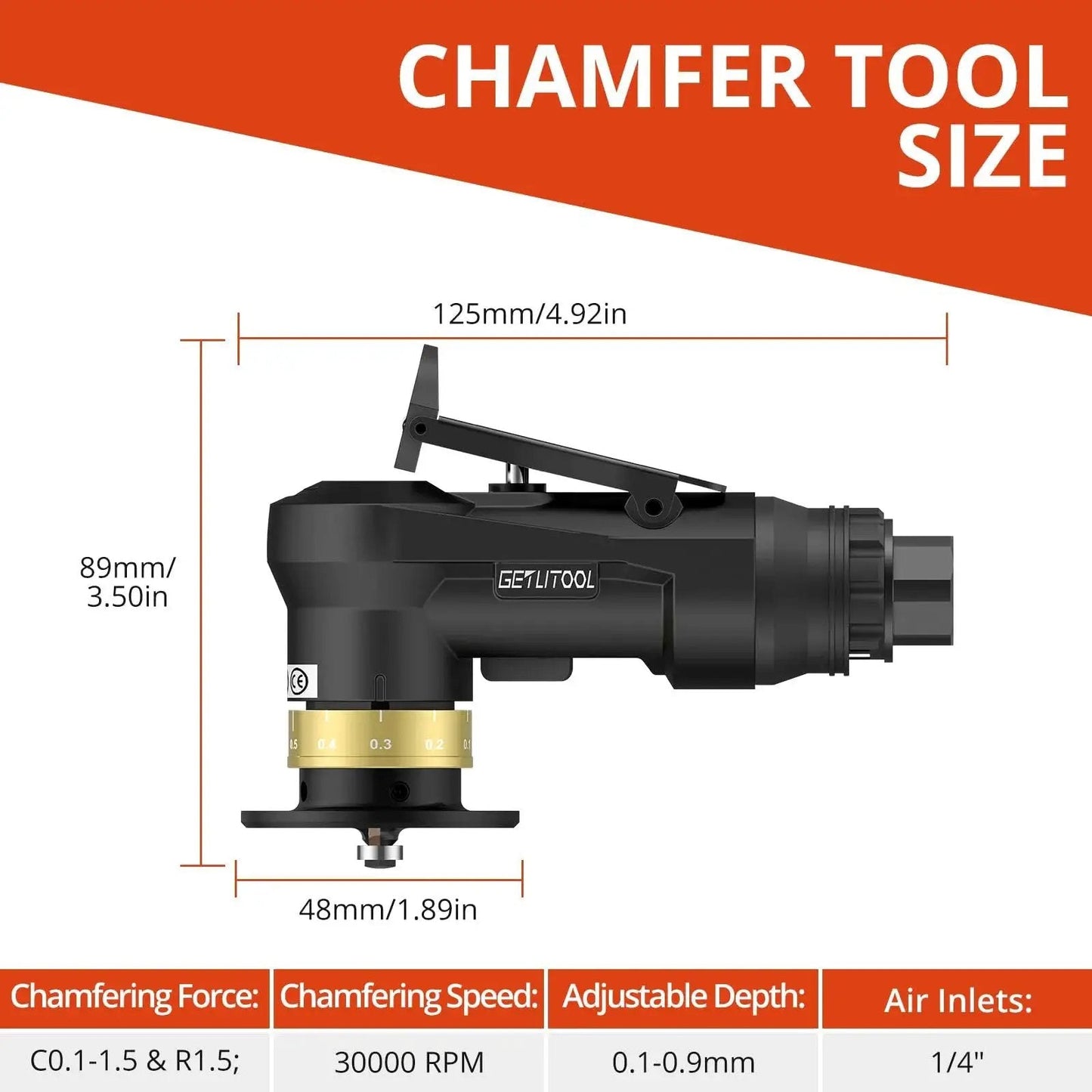 Side view of Pneumatic Chamfering Tool Kit Pro Grade With 12 C Angle And 10 R Angle Tungsten Blades, 30000 RPM, size details.