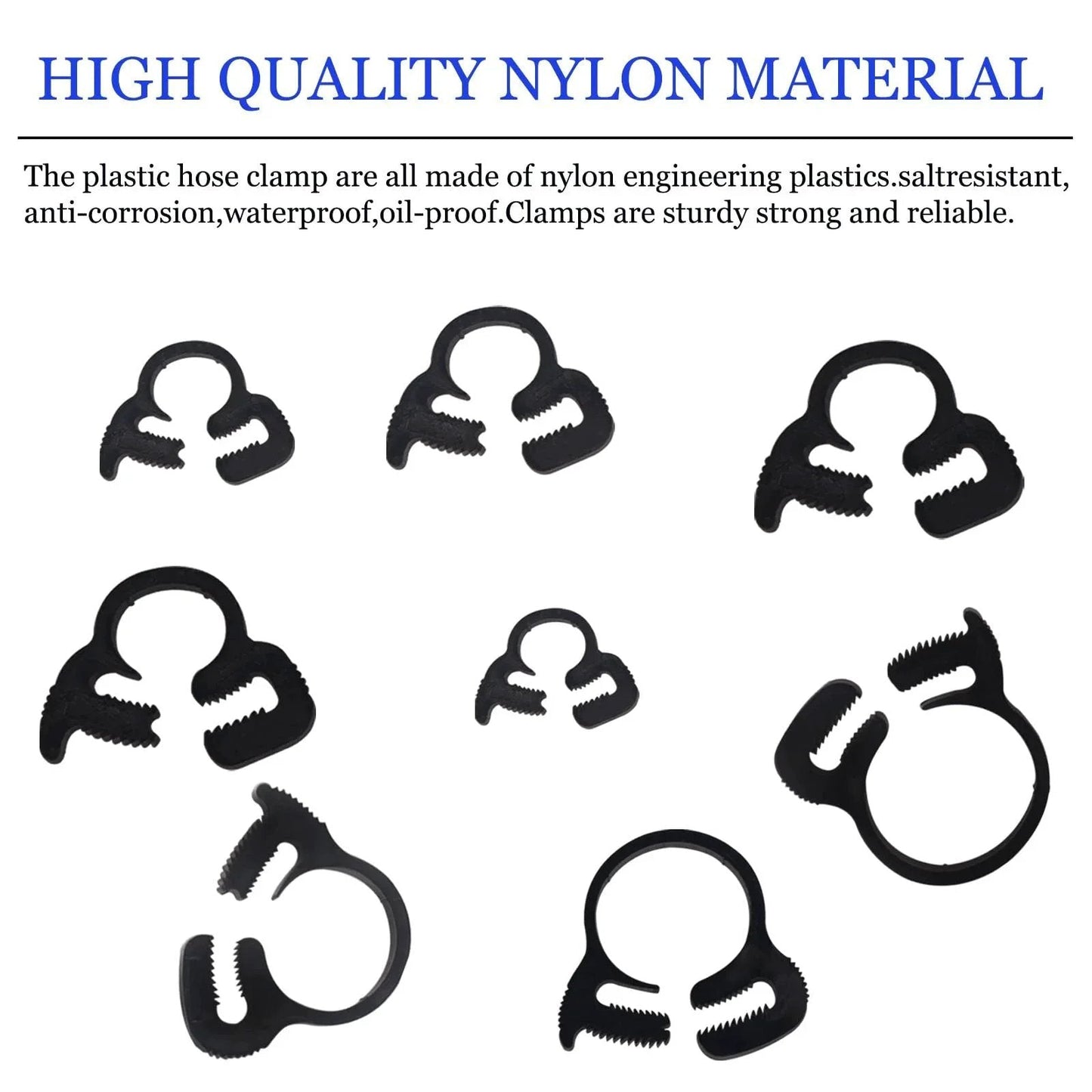 Heavy Duty Ratcheting Hose Clamp Set 6.1 To 26.1 Mm Adjustable Nylon Plastic Double Snap Grip 8 Size Kit pieces on white background.
