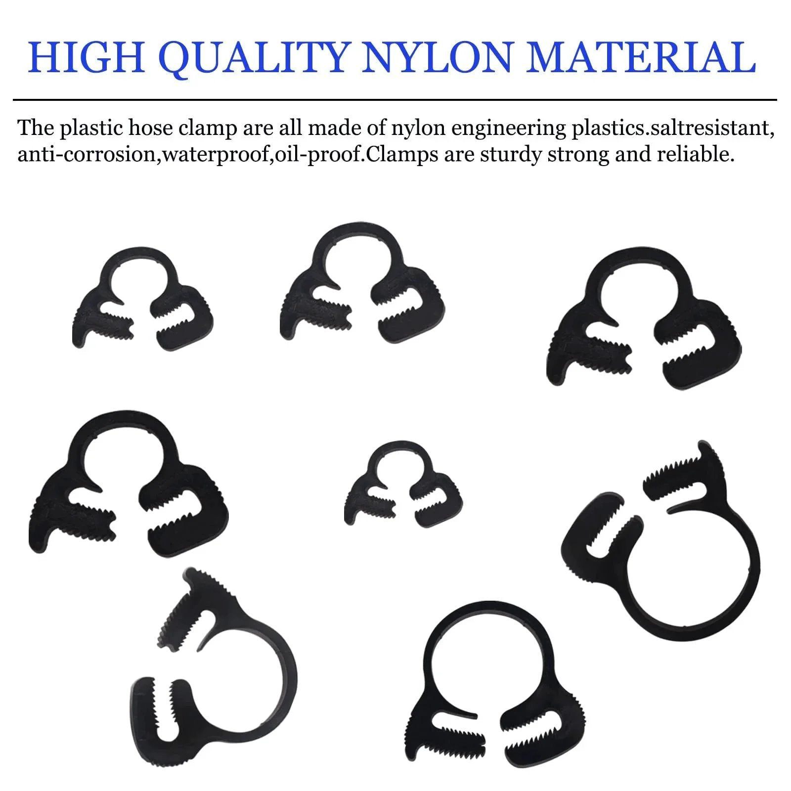 Heavy Duty Ratcheting Hose Clamp Set 6.1 To 26.1 Mm Adjustable Nylon Plastic Double Snap Grip 8 Size Kit pieces on white background.