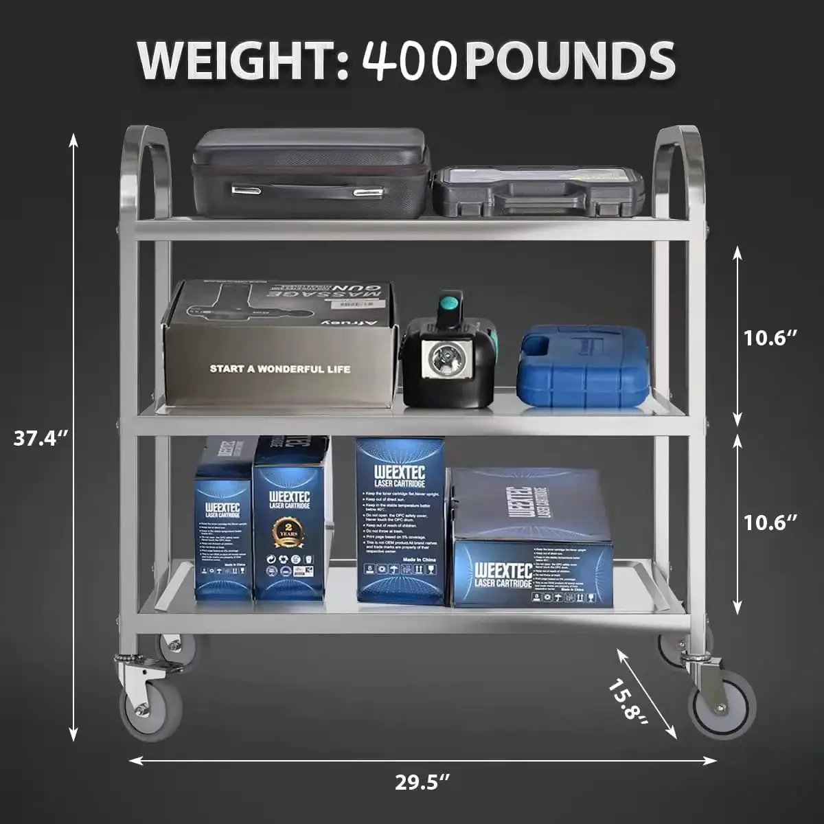 Three Shelf Stainless Steel Serving Cart With Wheels 400 Lb Capacity 1mm Thick Steel Locking Wheels And 360 Degree Rotation Home Kitchen Utility Trolley with supplies