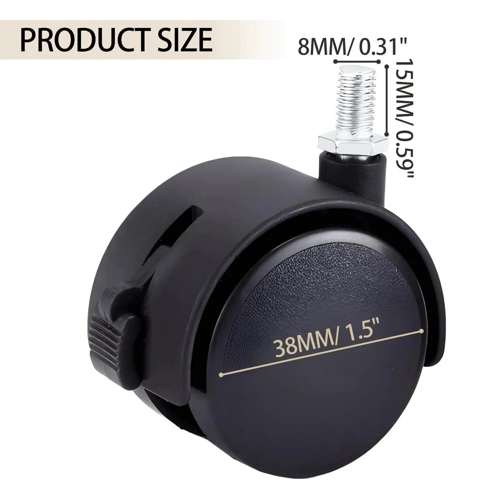 Side view of 1.5 Inch M8 Threaded Stem Casters With Brakes Black Nylon Furniture Casters showing dimensions.