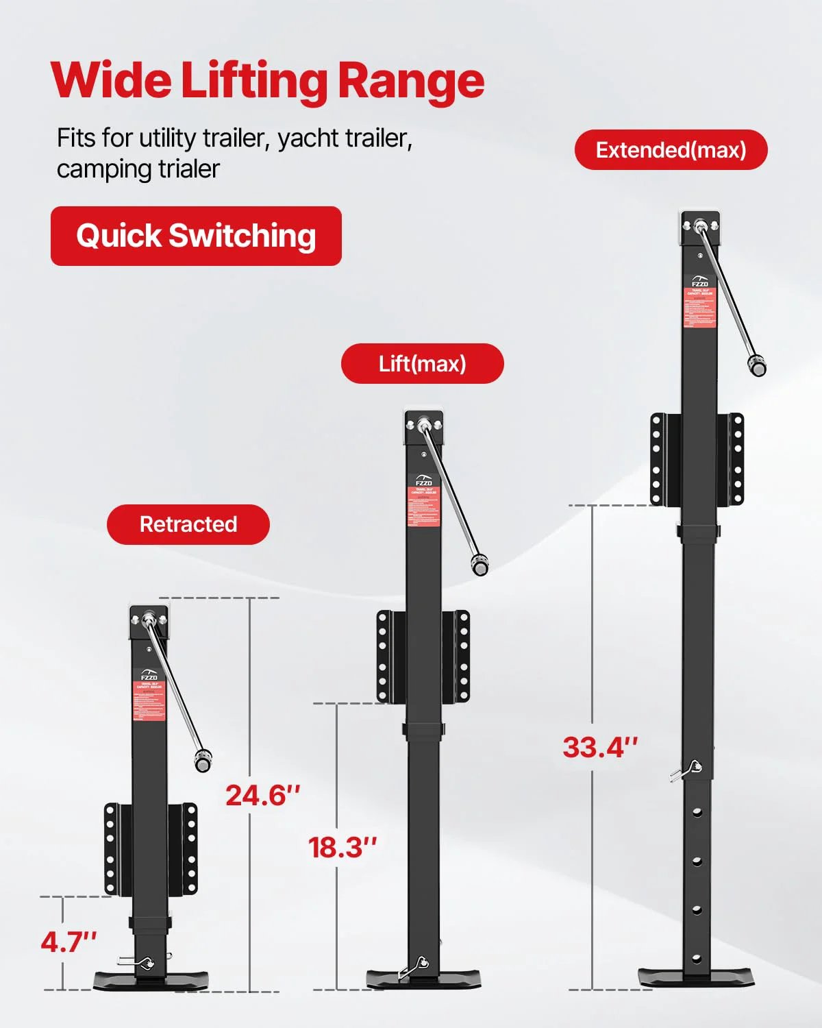 Diagram of Beefy 8000 Lbs Heavy Duty Trailer Jack With 20-24V Cordless Drill Compatibility showing retracted to extended heights