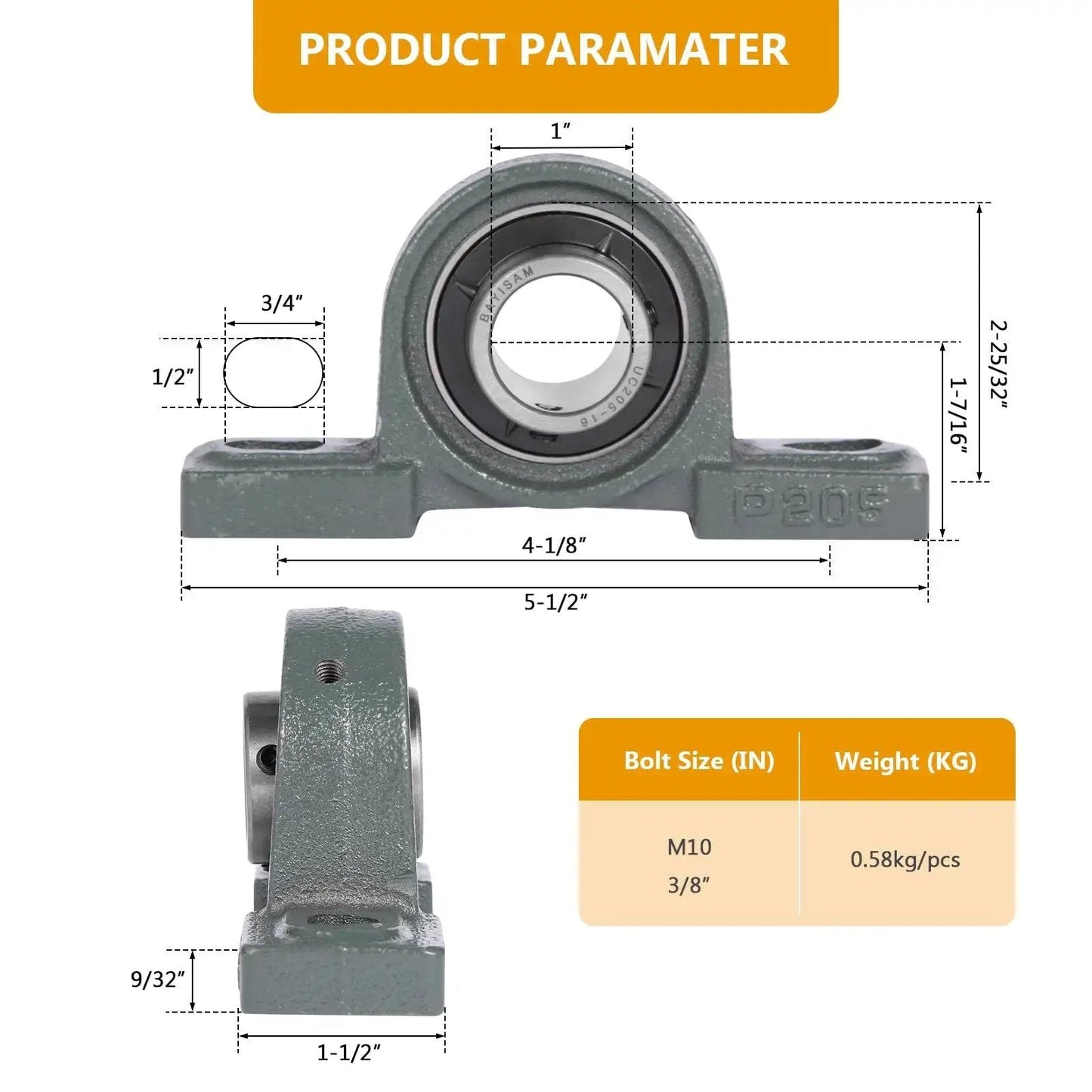 2 Pack UCP205-16 Mounted Pillow Block Ball Bearing Set With 1 Inch Bore Bearing Steel Construction, front and side view with dimensions.