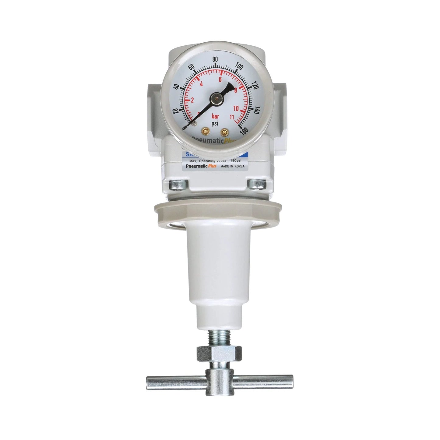 Heavy Duty Air Pressure Regulator With T Handle And Gauge For 3/8 Inch NPT, 0 To 150 PSI Regulation, 250 PSI Max, 110 SCFM At 90 PSI