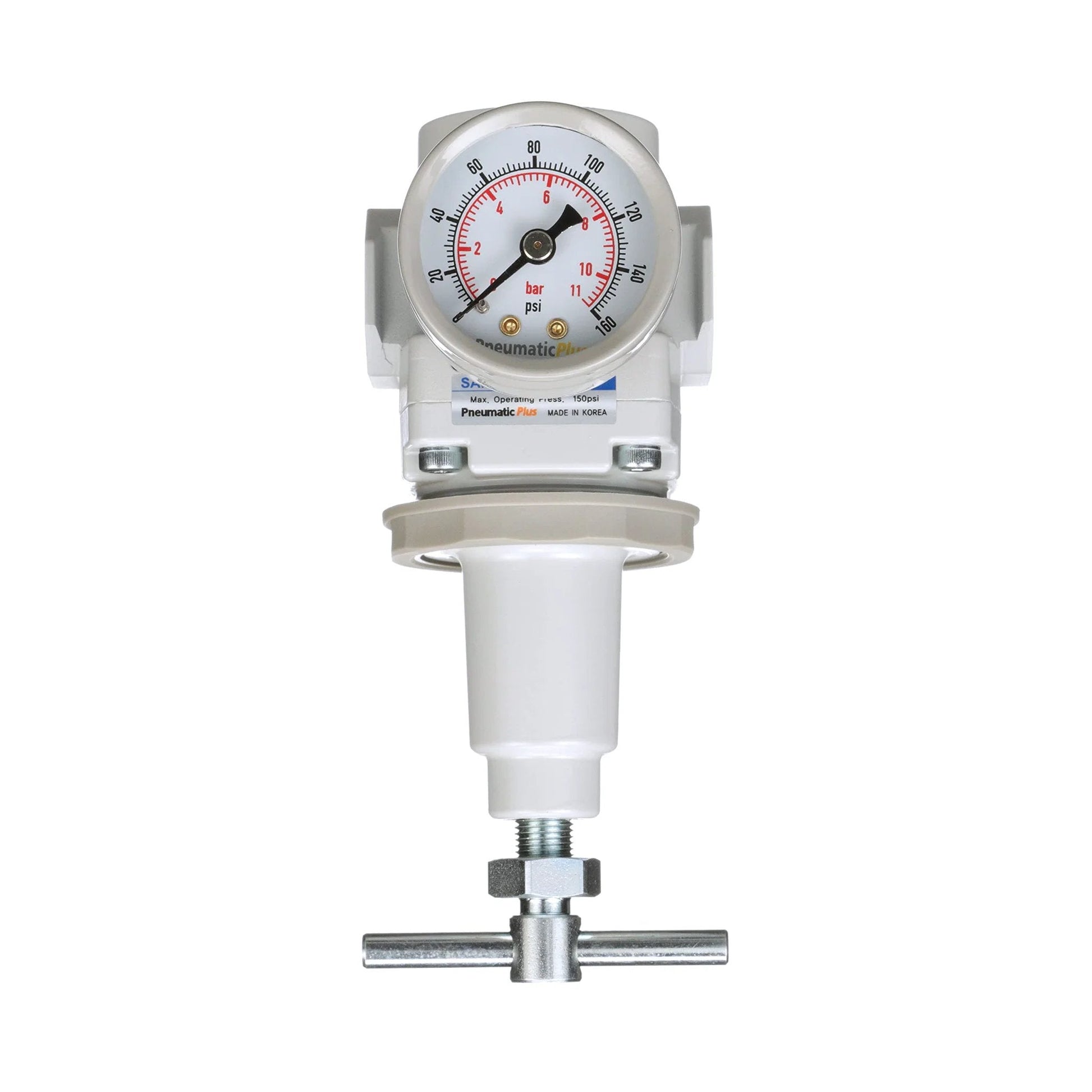Heavy Duty Air Pressure Regulator With T Handle And Gauge For 3/8 Inch NPT, 0 To 150 PSI Regulation, 250 PSI Max, 110 SCFM At 90 PSI