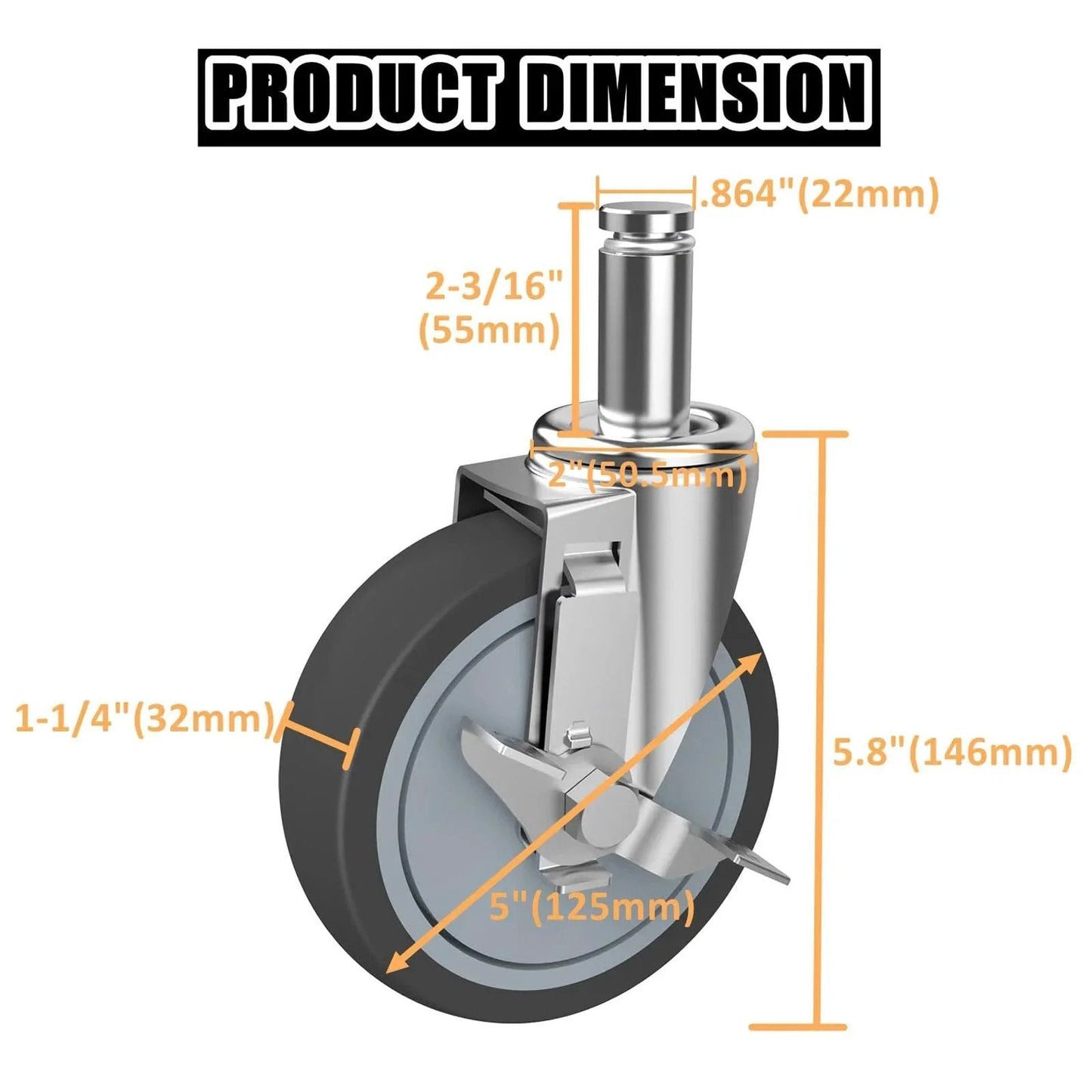 Diagram showing dimensions of 5 Inch Heavy Duty Caster Set With Brake For Wire Shelving Racks Replacement Wheels Four Pack Compatible With Metro Quantum Uline