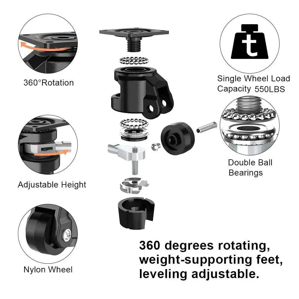 Heavy Duty Leveling Casters With Ratchet Handle Set Of 4 Industrial Casters 2200 Lbs Capacity 2 Inch Adjustable Nylon Wheels diagram