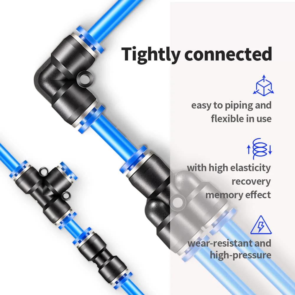Blue Polyurethane Pneumatic Tubing Kit For Air Or Fluid Transfer, 6mm Outer Diameter And 4mm Inner, 39.4ft (12m) Length, connectors shown