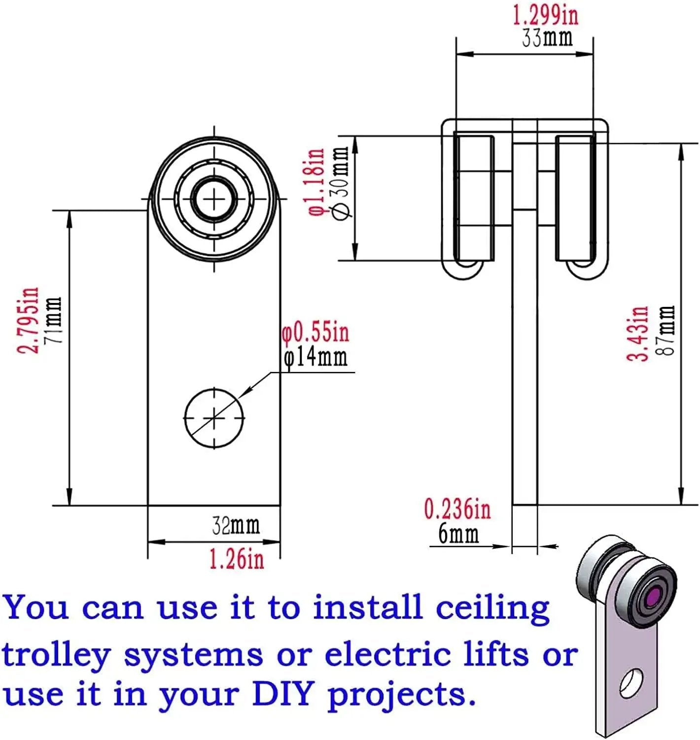 Heavy Duty Two Bearing 2 Wheel Trolley Assembly diagram with measurements for 1-5/8 inch wide strut channel installation.