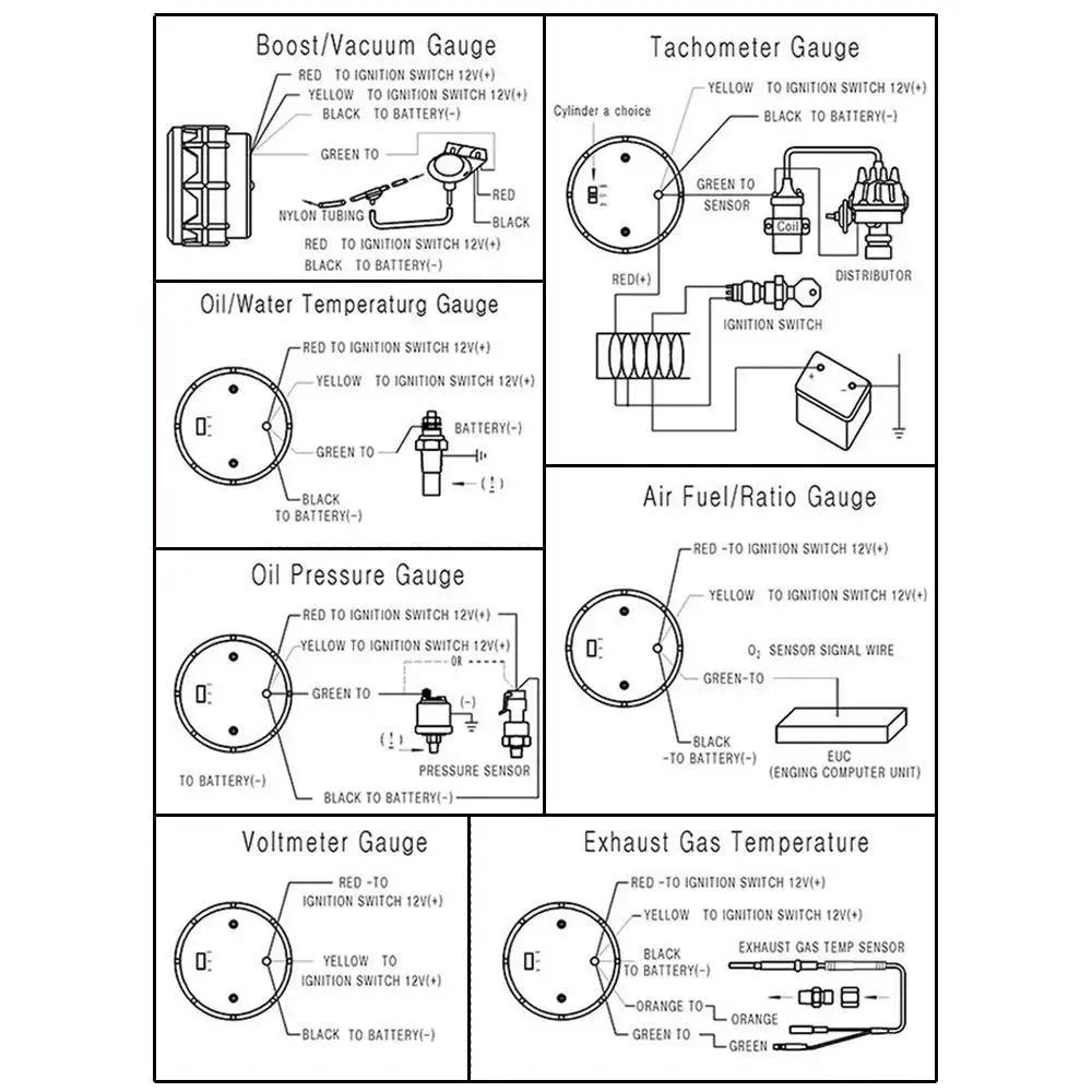 Diagram showing installation instructions for car gauges including oil pressure, tachometer, and boost with wiring details.