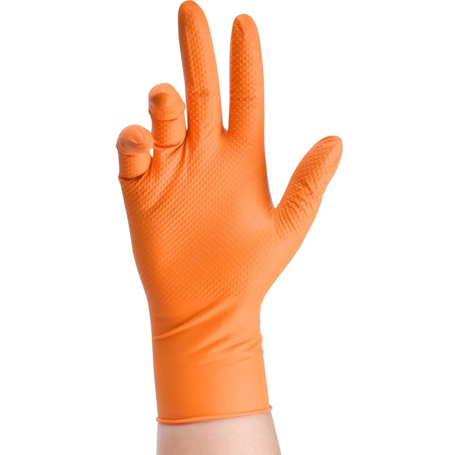 Heavy Duty Orange Nitrile Gloves 8 Mil Diamond Texture Grip XL 100 Count with hand wearing glove, showcasing textured surface