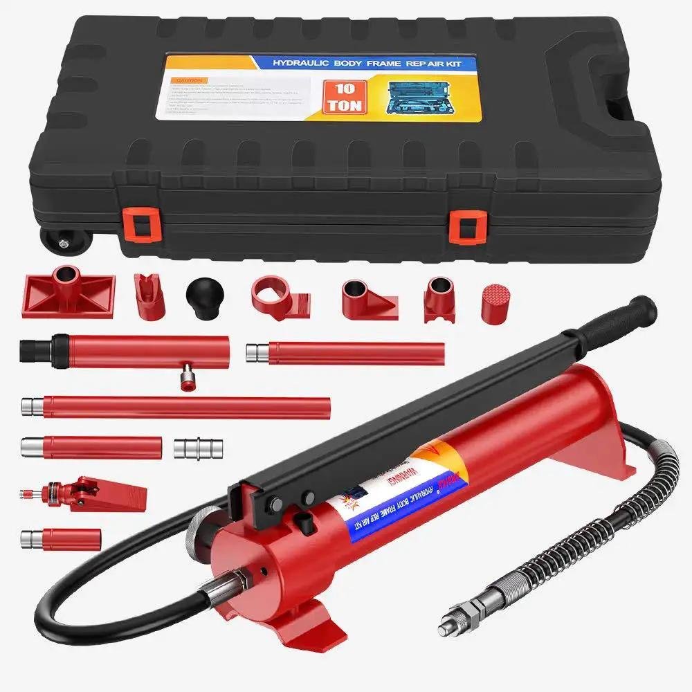 10 Ton Porta Power Hydraulic Jack With Upgraded Multifunction For Car Body Repair, shown with case and accessories