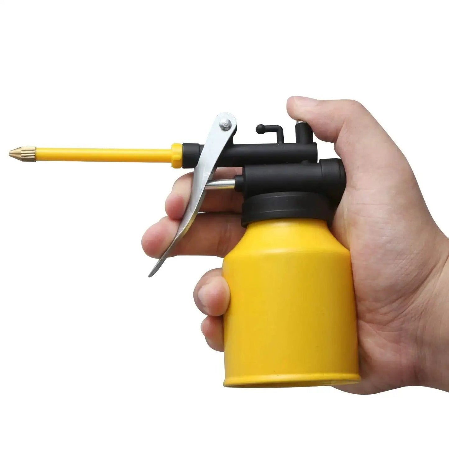 Durable Yellow Metal Oiler Can With Dual Spouts And Built In Pump 8oz 250ml handheld side view showing straight nozzle